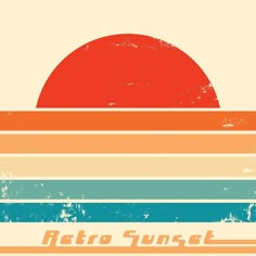 an old style poster with the sun setting on top of a beach in retro colors