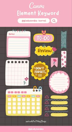 a pink and yellow planner sticker sheet with the words canna element keyword on it