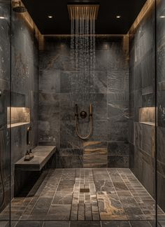 a bathroom with a walk in shower next to a sink