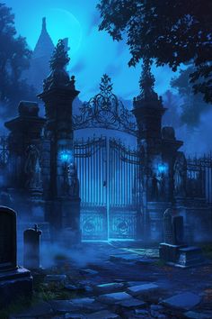 the gate to an old cemetery at night