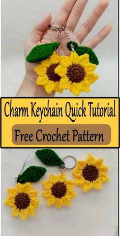 crochet keychain with two sunflowers on it and the text charm keychain quick tutor free crochet pattern