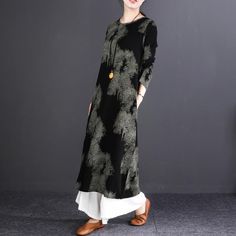 Print folk style long sleeve loose dresses online. As the model shows, you can wear loose pants to add layering. Item Code: 1412103307326Item Type: Women DressesMaterial: 75.5%Viscose, 25.5%Nylon Season: AutumnStyle: Literature Collar Type: Round Neck Clothing Placket: Pullover Pattern: Flower Sleeve: Long SleeveClothing Details: Embroidery, PatchWaist: Loose WaistCombination: One PieceColor: Black, ApricotSize: M,L,XL,XXLSize M（Fit for EU 38,US8,UK12,AU12,NZ12）Length: 112.00 cm/ 44.09 "Bust: 96.00 cm/ 37.80 "Shoulder: 37.00 cm/ 14.57 "Sleeve Length 54.00 cm/ 21.26 "Arm: 38.00 cm/ 14.96 "Waist: 104.00 cm/ 40.94 "Size L(Fit for EU 40,US10,UK14,AU14,NZ14)Length: 113.00 cm/ 44.49 "Bust: 100.00 cm/ 39.37 "Shoulder: 38.00 cm/ 14.96 "Sleeve Length 55.00 cm/ 21.65 "Arm: 39.00 cm/ 15.35 "Waist: 10 Black Long Sleeve Long Dress For Spring, Black Long Sleeve Dress For Spring, Casual Long Sleeve Dress For Fall, Casual Long Sleeve Long Dress For Spring, Cotton Long Sleeve Dresses For Layering, Casual Loose Fit Maxi Dress For Fall, Oversized Long Sleeve Maxi Dress For Fall, Casual Oversized Maxi Dress For Fall, Cotton Lagenlook Maxi Dress With Long Sleeves