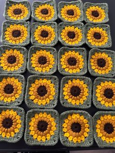 many crocheted sunflowers are arranged in squares