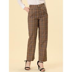 These pants are essential for dressing up or down. Lightweight fabric, covered in a plaid pattern, shapes these trendy trousers with a high-rise fit. How it is a bit high waist and how it gathers at the waist adding shape to the body. You may love everything about these trousers, from their regular fit to the elastic high-waist, which could double as a hiding mechanism for women with love handles. Style these trousers with a crop top and heels for the ultimate look. This fashionable and trendy c Plaid Pants Women, Trendy Trouser, Pants Elastic Waist, Pants Brown, Christmas Plaid, Long Trousers, Plaid Pants, Casual Work, Plaid Christmas