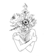 a drawing of a woman holding a vase with flowers in it