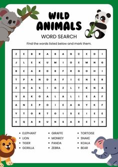 the wild animals word search is shown in this image