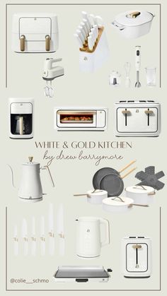 white and gold kitchen appliances displayed on a wall