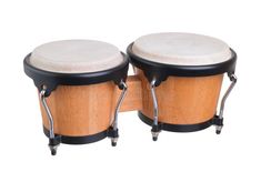 two wooden bongo drums sitting side by side on casteors with black rims