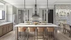 a large kitchen with an island in the middle and chairs at the table on either side