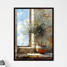 Vintage Realistic Oil Painting with Olive Tree in Aged Pottery on Windowsill Default Title Olive Tree Art Painting, Painting Olive Tree, Abstract Vintage Art, Olive Tree Art, Olive Painting, Aged Pottery, Olive Tree Painting, Oil Painting Trees, Vase With Branches