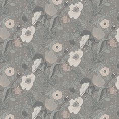 an image of a floral wallpaper pattern with flowers on grey and white background,