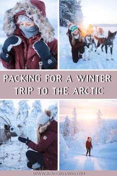 two people and their dogs in the snow with text packing for a winter trip to the arctic