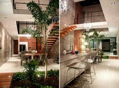 two pictures of a living room and dining area with plants in the foreground, stairs leading up to the second floor