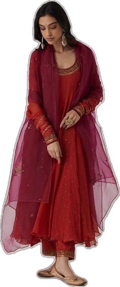 Red Anarkali, Embroidered Anarkali, U Neck, Pants Pattern, Set For Women, Anarkali, Aza Fashion, Cotton Silk, Full Sleeve