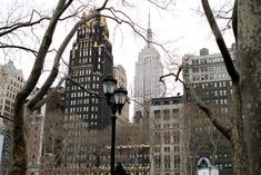 people are sitting on benches in the middle of a park with tall buildings behind them