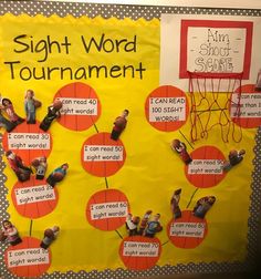 a bulletin board with people on it that says sight word tournament and an arrow in the center