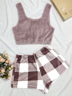 Buffalo Plaid Flannel Tank Top & Shorts Lounge Set Dusty Pink Casual-Woman    Gingham,Plaid Short Sets Slight Stretch All Women Sleep & Lounge, size features are:Bust: ,Length: ,Sleeve Length: Print Shorts Outfit, Ella Jane, Winter Pajamas Women, Birthday Plans, Tank Top Shorts, Buffalo Plaid Flannel, Sherpa Fabric