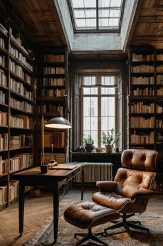 a chair and desk in a room with bookshelves