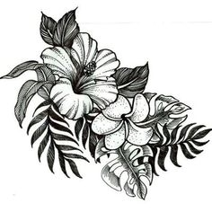 an ink drawing of flowers and leaves