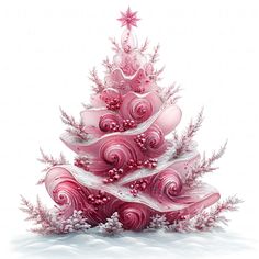 a pink christmas tree with swirls and snowflakes on the top, in front of a white background