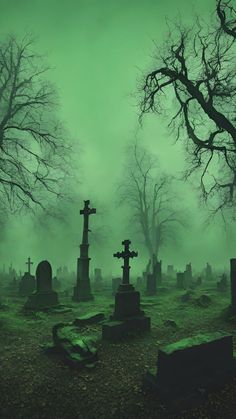 a cemetery with tombstones and trees in the background at night, foggy day