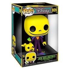 the jack skellingon pop vinyl figure is shown in a black and yellow box