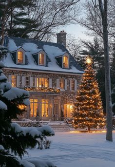 a large house with a lit christmas tree in the front yard and snow on the ground