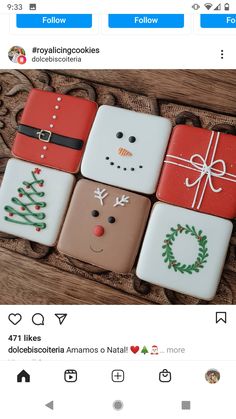 four decorated cookies in the shape of santa's reindeers and snowmen on top of each other