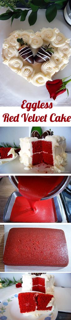 red velvet cake with white frosting and green leaves on top is shown in three different views