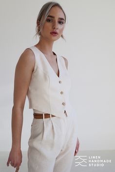 Discover the essence of effortless chic with our exquisite linen vest Kelsey— perfect addition to your linen capsule wardrobe. Step into style with our comfortable, high-quality women’s linen clothing. Explore our online store for the must-have staples of the season. Linen Capsule Wardrobe, Vest Outfits For Women, Linen Vest, Linen Tops, Women's Uniforms, Linen Clothing, Summer Linen, Cowgirl Outfits, Tops Online