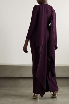 Chic Purple Evening Gown, Chic Purple Floor-length Gown, Elegant Purple Wedding Guest Gown, Elegant Crepe Dress With Cape Sleeves, Elegant Gown With Draped Sleeves And Cape, Dark Purple Gown, Morocco Fashion, Modest Dresses Fashion, Solace London