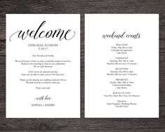 the wedding program is shown in black and white on a wooden table with a wood background