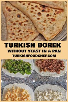 several different types of food on plates with text overlay that reads turkish borrek without yeast in a pan