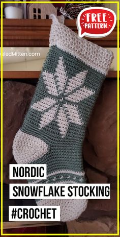 a crocheted christmas stocking with the words nordic snowflake stocking on it