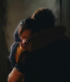 a painting of two people hugging each other in front of a window with the light coming through