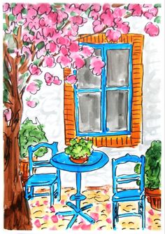 a drawing of a table and chairs in front of a tree with pink flowers on it