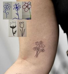 a woman's arm with flowers on it and four different pictures in the background