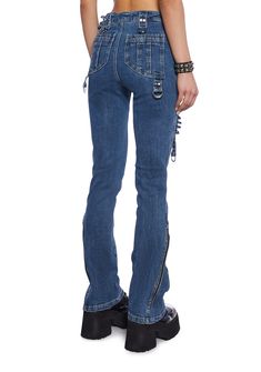 cuz make a statement. These jeans have a denim construction, front and back pockets, a strappy design, O-ring hardware, and a front button and zipper closure. Jeans With Straps, Tripp Nyc Pants, Rave Shoes, Fuzzy Slides, Distressed Top, White Dress Shoes, Micro Skirt, Zipper Jeans, Plush Bags