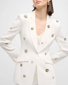 Cinq à Sept 'Cheyenne' signature blazer showcases embroidered gold-tone crystal and pearly brooches.Notched lapels.Long sleeves.Five-button cuffs.Decorative front flap pockets.Back vent.Tailored fit.Falls below the hips.Single button closure Triacetate/polyester Dry clean Imported Model is 5'10'/177cm. Luxury Gold Double-breasted Blazer, Luxury Evening Blazer With Double-breasted Buttons, Luxury Gold Single-breasted Blazer, Luxury Single-breasted V-neck Blazer, Crepe Blazer, Womens Blazers, Blazers For Women, Coats For Women, Gold Tones