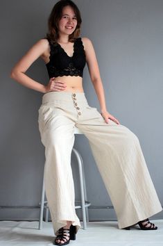 Low waist, wide leg long Pants custom made  size and colour, And More avalible in size S,M,L,XL 1416 High-waisted Cotton Harem Pants In Beige, Beige High-waisted Cotton Harem Pants, Beige Wide Leg Bottoms With Buttons, Beige Wide-leg Bottoms With Buttons, High Waist Beige Cotton Harem Pants, Cotton High-waisted Wide Leg Pants, Chic Baggy Cotton Parachute Pants, High-waisted Cotton Wide Leg Pants, Beige High-waisted Wide Leg Pants With Button Closure