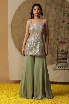 Pista green textured kurta with dori, sequins, coin embroidery. Paired with a palazzo and an ombre cape. - Aza Fashions Kurta Palazzo Set, Jayanti Reddy, Pista Green, Anushree Reddy, Diana Penty, Rohit Bal, Green Texture, Palazzo Set, Tarun Tahiliani