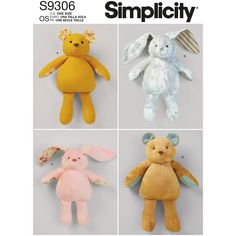 stuffed animals are shown in four different colors and sizes, with the words simplicity printed on them