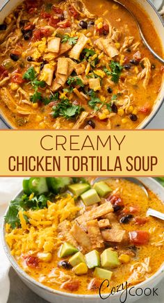 creamy chicken tortilla soup in a white bowl with cilantro, tomatoes, and cheese Creamy Chicken Tortilla Soup, Chicken Tortilla Soup Recipe, Homemade Soup Recipe, Fall Soup Recipes, Yard House, Fall Soups