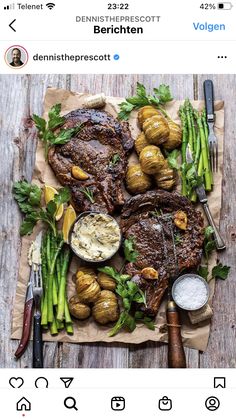 an instagram photo with steak, potatoes and asparagus