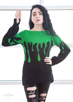 Essential Slime Goth Drip Oversize Sweater – Elhoffer Design Edgy Green Tops For Fall, Edgy Oversized Sweater For Halloween, Green Drop Shoulder Sweater For Fall, Slime Green Sweater, Halloween Grunge Long Sleeve Sweater, Green Drop Shoulder Winter Sweater, Spooky Long Sleeve Black Sweater, Killstar Knit Sweater, Blood Drip