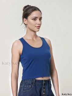 Katykey - High-Quality Crop Tank Top: Stylish and Versatile Sleeveless Top for Fashion-Conscious Women Trendy Blue Sleeveless Vest, Trendy Sleeveless Blue Vest, Trendy Blue Tank Vest, Blue Cotton Racerback Tank Top, Blue Cotton Cami Tank Top, Casual Blue Camisole Tank Top, Blue Tank Top For Spring, Blue Camisole Crop Top With Vest Detail, Casual Blue Vest Crop Top