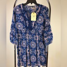 Brand: True Craft Tunic/Dress Navy With Pink & Orange Florals And Patterns, 3/4 Sleeves Crochet Detailing On Front & Sleeves Elastic Banding At End Of Sleeves Nwt Never Worn Smoke Free Home Frayed Dress, Ranch Dress, Blue Jean Dress, Navy Shirt Dress, Boho Denim, Button Front Shirt Dress, Pink Dress Women, Boho Midi Dress, Blue Summer Dresses