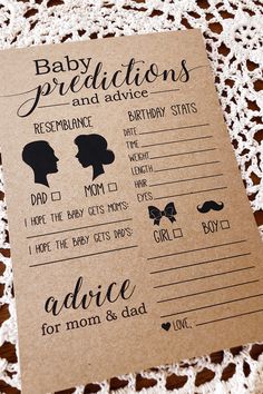 a baby dedication card with the words advice for mom and dad on it, sitting on top of a doily