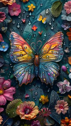 a painting of a colorful butterfly surrounded by flowers and leaves with drops of water on the wings