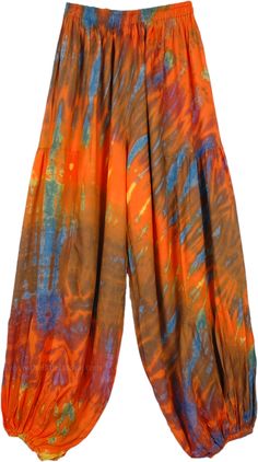 Light and fun, flattering and versatile harem pants, classic hippie pants with all over tie dye work.  They feature an elastic waistband and elastic at the ankles and are perfect for mixing and matching for different looks. #tlb #SplitSkirtsPants #vacationclothing #beachwrap #TieDye #bohemianfashion #hippieharempants #orangehippiepants #rainbowgatheringclothing #hippiewidelegpants Baggy Multicolor Harem Pants For Summer, Summer Multicolor Baggy Harem Pants, Tie-dye Hippie Harem Pants For Festivals, Tie Dye Hippie Harem Pants For Festivals, Hippie Tie Dye Harem Pants For Festivals, Orange Summer Festival Pants, Summer Multicolor Relaxed Fit Harem Pants, Bohemian Tie-dye Pants, Multicolor Harem Pants With Elastic Waistband